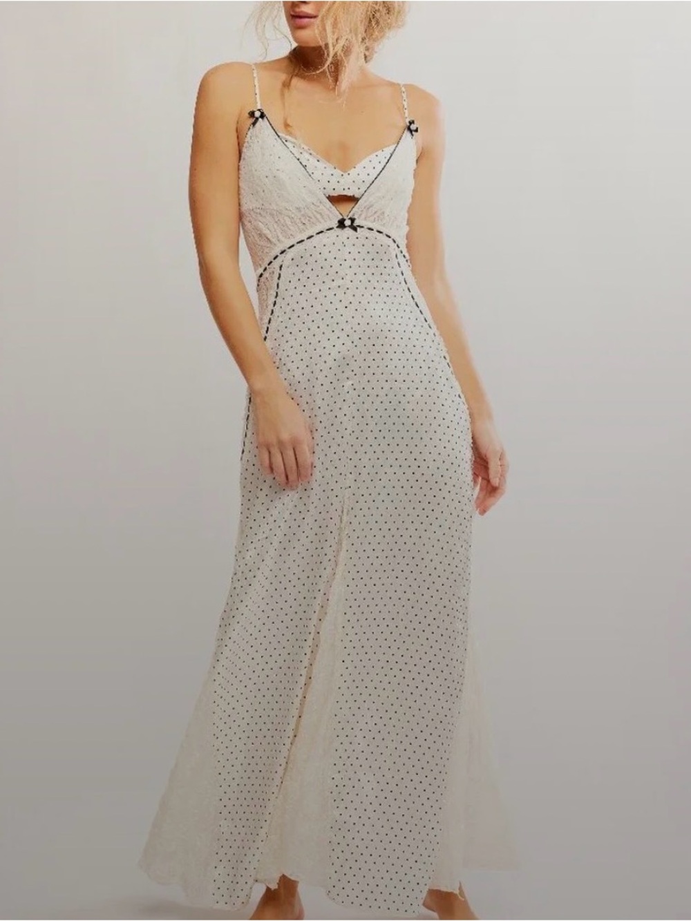 Free People Cream Maxi Slip Dress with Black Polka Dots